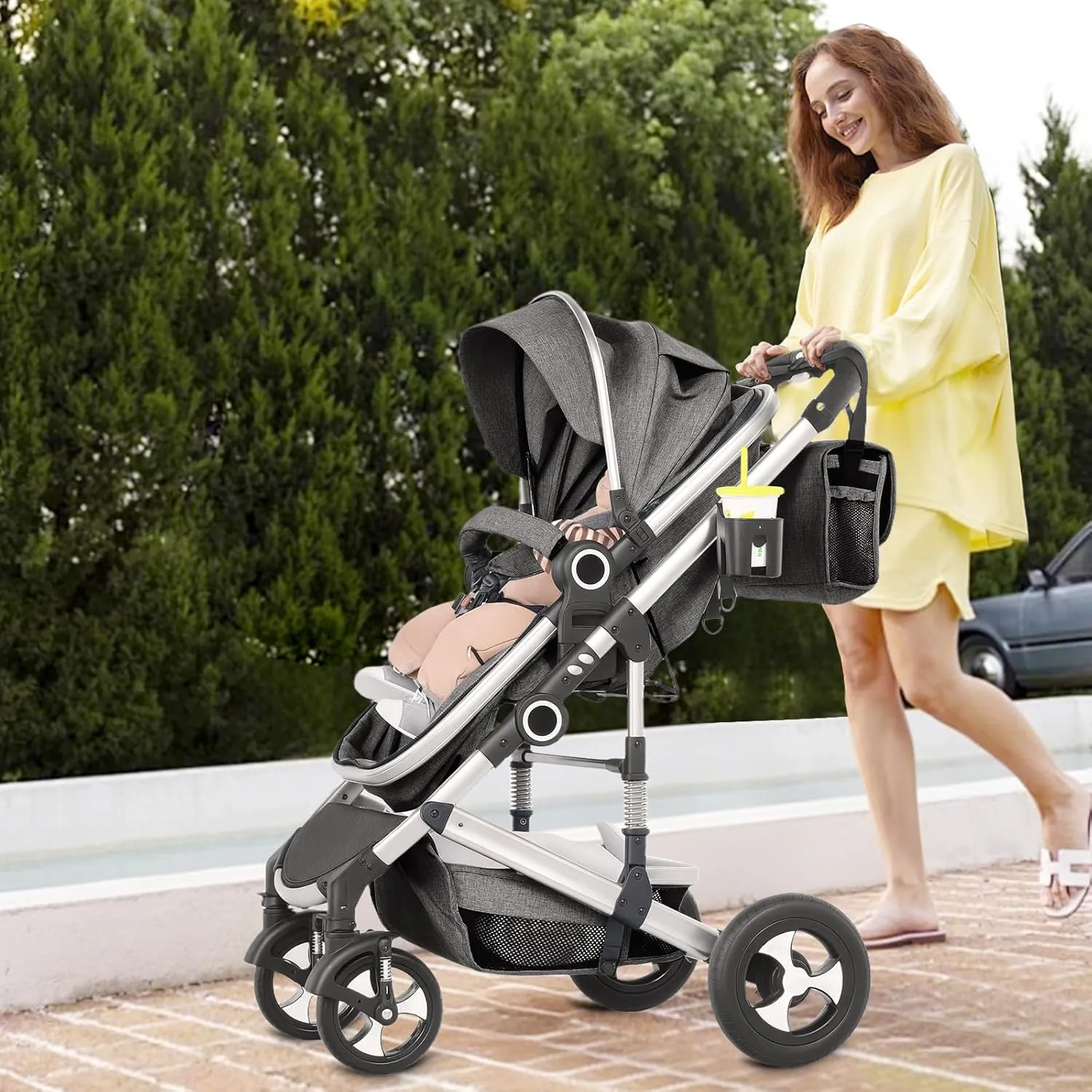 Convertible Baby Stroller, 3 in 1 Folding Infant Stroller, High Landscape Pushchair w/Adjustable Backrest & Canopy, Newborn Bassinet Pram with Foot Cover, Storage Basket, Dark Grey