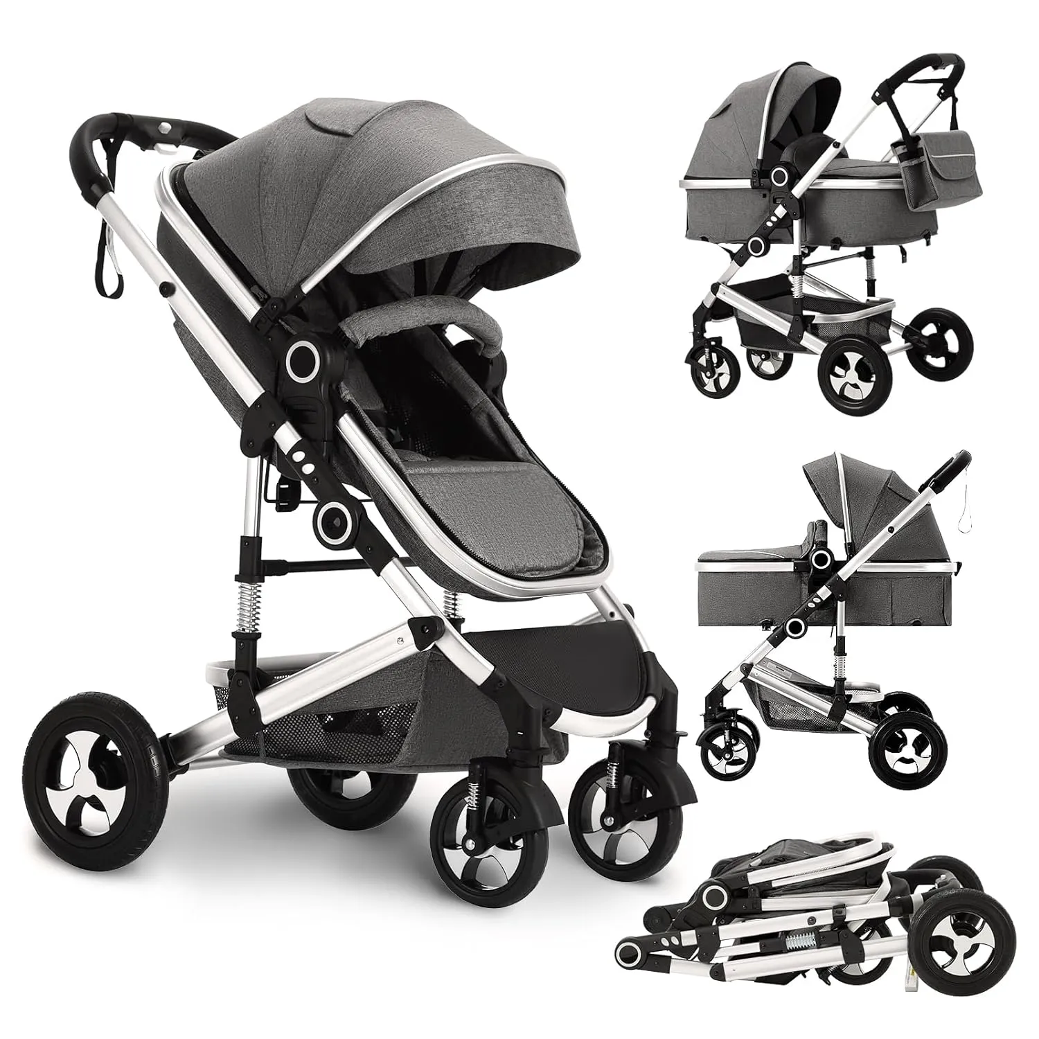 Convertible Baby Stroller, 3 in 1 Folding Infant Stroller, High Landscape Pushchair w/Adjustable Backrest & Canopy, Newborn Bassinet Pram with Foot Cover, Storage Basket, Dark Grey