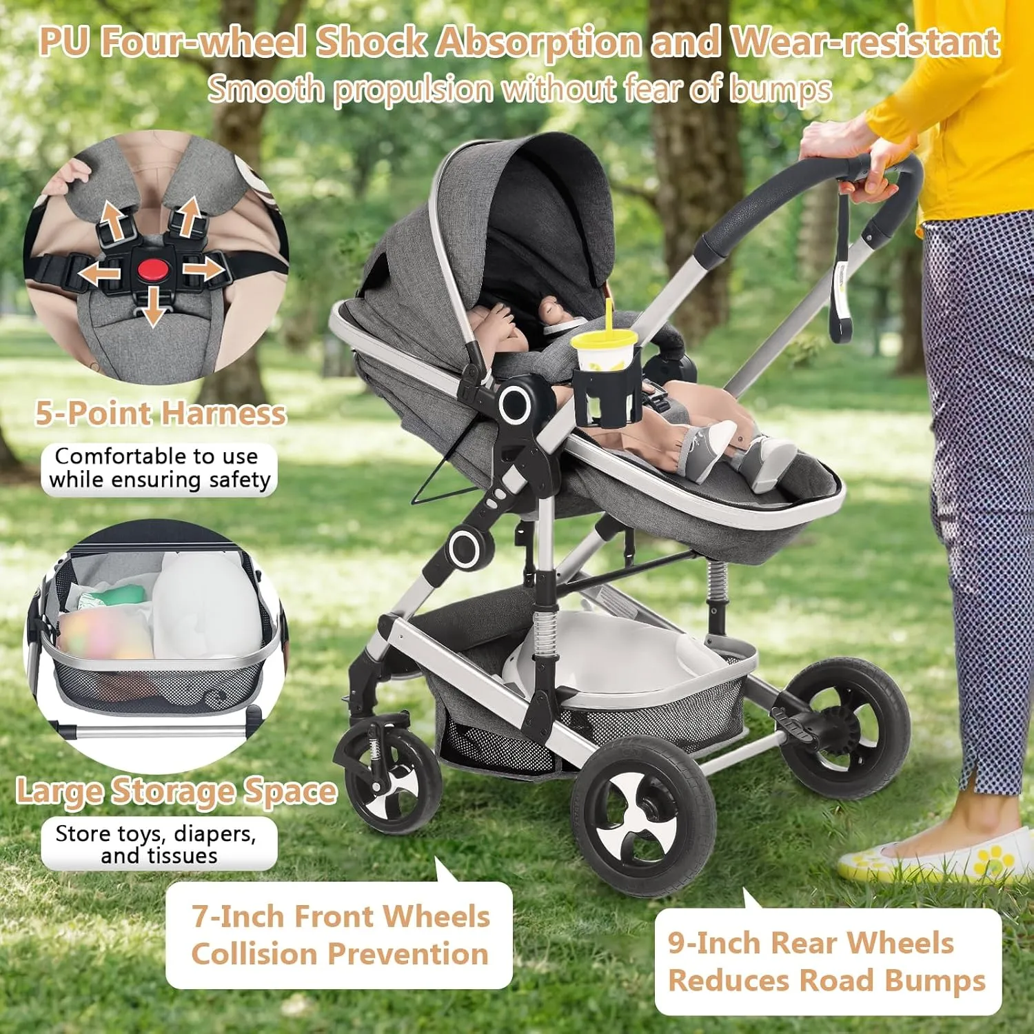 Convertible Baby Stroller, 3 in 1 Folding Infant Stroller, High Landscape Pushchair w/Adjustable Backrest & Canopy, Newborn Bassinet Pram with Foot Cover, Storage Basket, Dark Grey
