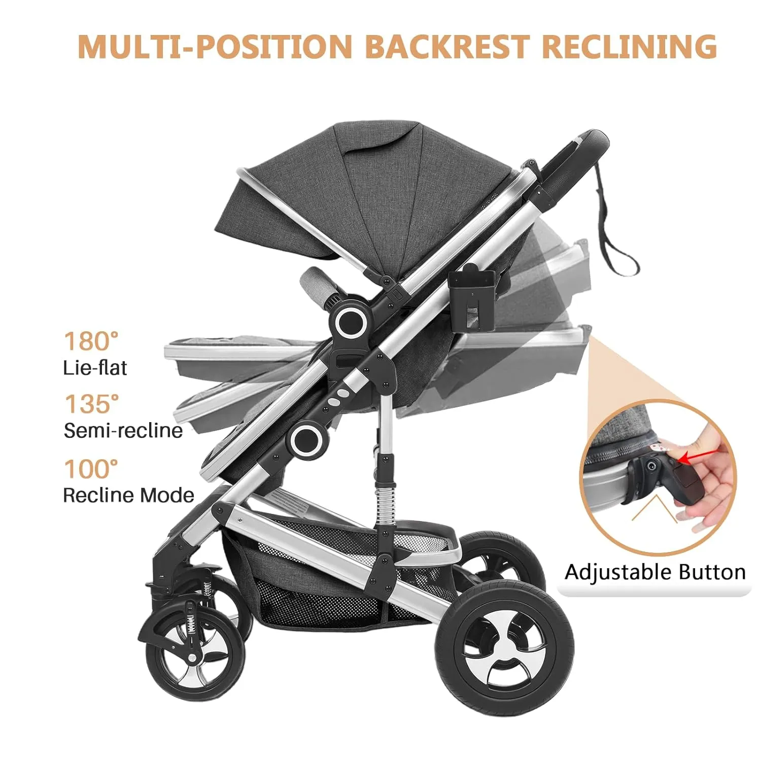 Convertible Baby Stroller, 3 in 1 Folding Infant Stroller, High Landscape Pushchair w/Adjustable Backrest & Canopy, Newborn Bassinet Pram with Foot Cover, Storage Basket, Dark Grey