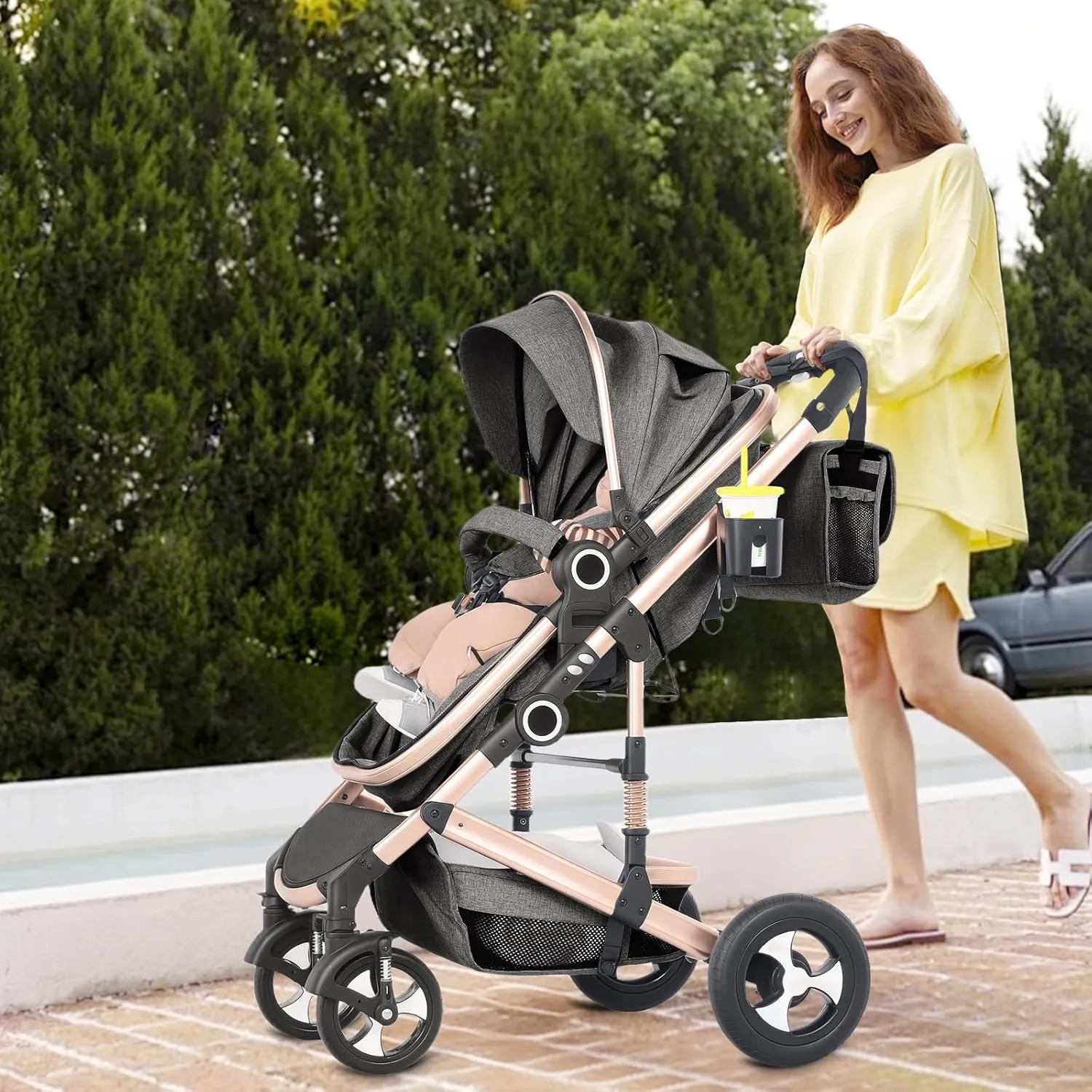 Convertible Baby Stroller, 3 in 1 Folding Infant Stroller, High Landscape Pushchair w/Adjustable Backrest & Canopy, Newborn Bassinet Pram with Foot Cover, Storage Basket, Grey