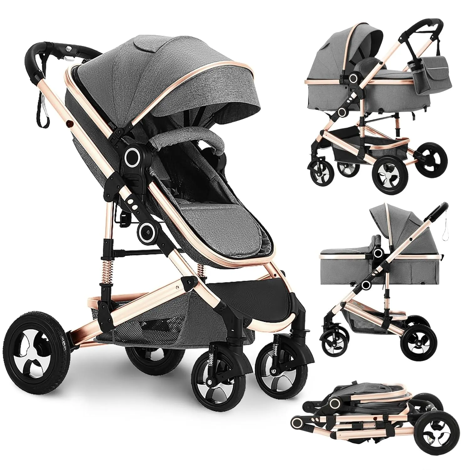 Convertible Baby Stroller, 3 in 1 Folding Infant Stroller, High Landscape Pushchair w/Adjustable Backrest & Canopy, Newborn Bassinet Pram with Foot Cover, Storage Basket, Grey