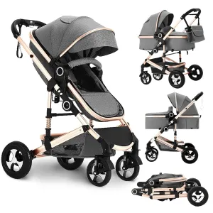 Convertible Baby Stroller, 3 in 1 Folding Infant Stroller, High Landscape Pushchair w/Adjustable Backrest & Canopy, Newborn Bassinet Pram with Foot Cover, Storage Basket, Grey