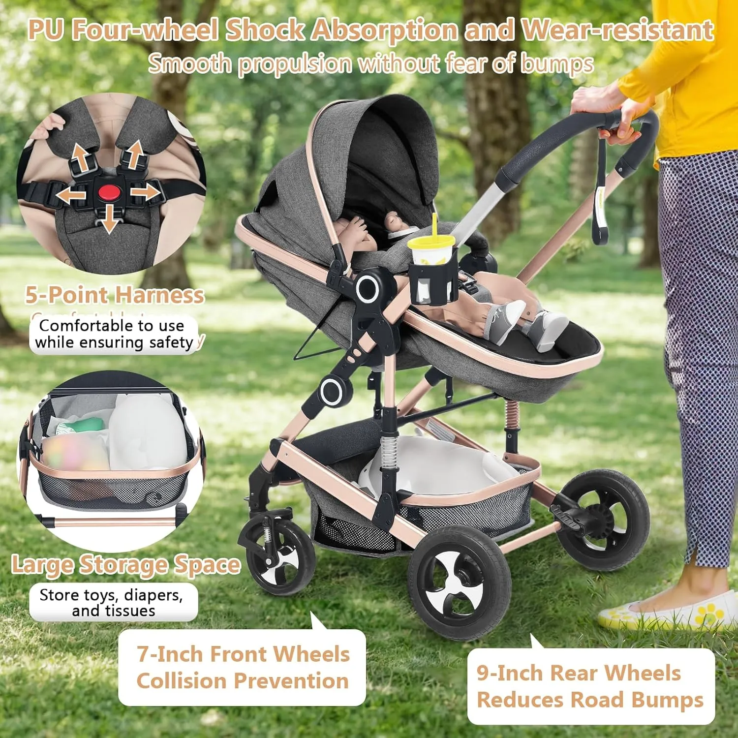 Convertible Baby Stroller, 3 in 1 Folding Infant Stroller, High Landscape Pushchair w/Adjustable Backrest & Canopy, Newborn Bassinet Pram with Foot Cover, Storage Basket, Grey