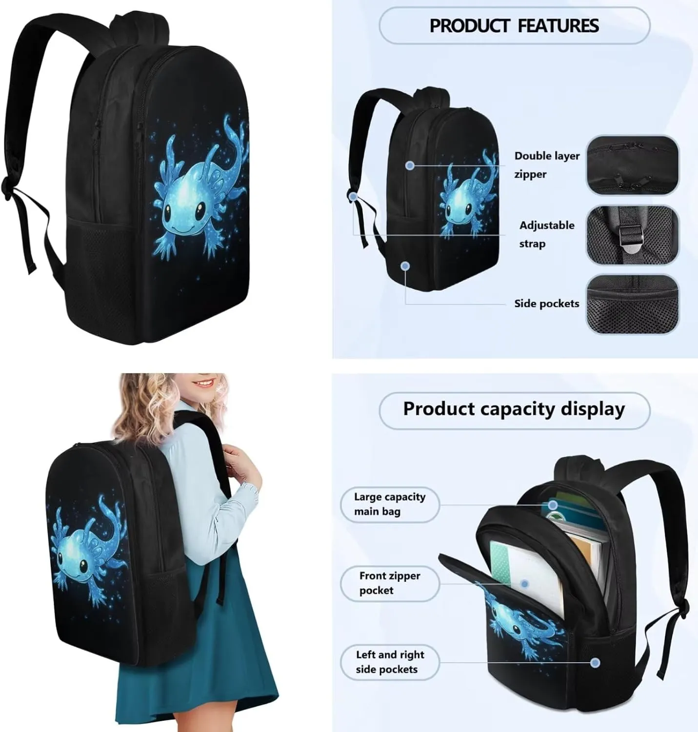 Cool Axolotl Backpack for Girls Lightweight Bookbags with Insulated Lunch Box Soft Pencil Case and Kawaii Bookmark Reusable Sturdy School Bag for Elementary Students Gifts