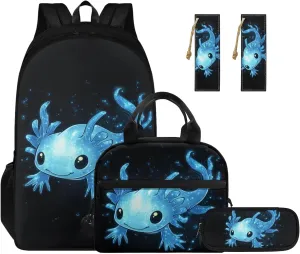 Cool Axolotl Backpack for Girls Lightweight Bookbags with Insulated Lunch Box Soft Pencil Case and Kawaii Bookmark Reusable Sturdy School Bag for Elementary Students Gifts