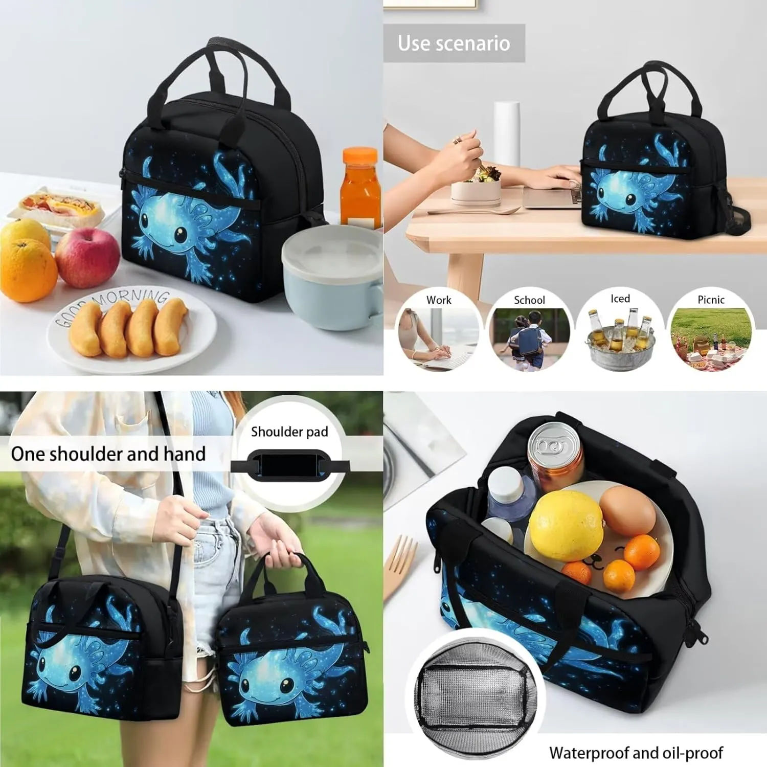 Cool Axolotl Backpack for Girls Lightweight Bookbags with Insulated Lunch Box Soft Pencil Case and Kawaii Bookmark Reusable Sturdy School Bag for Elementary Students Gifts