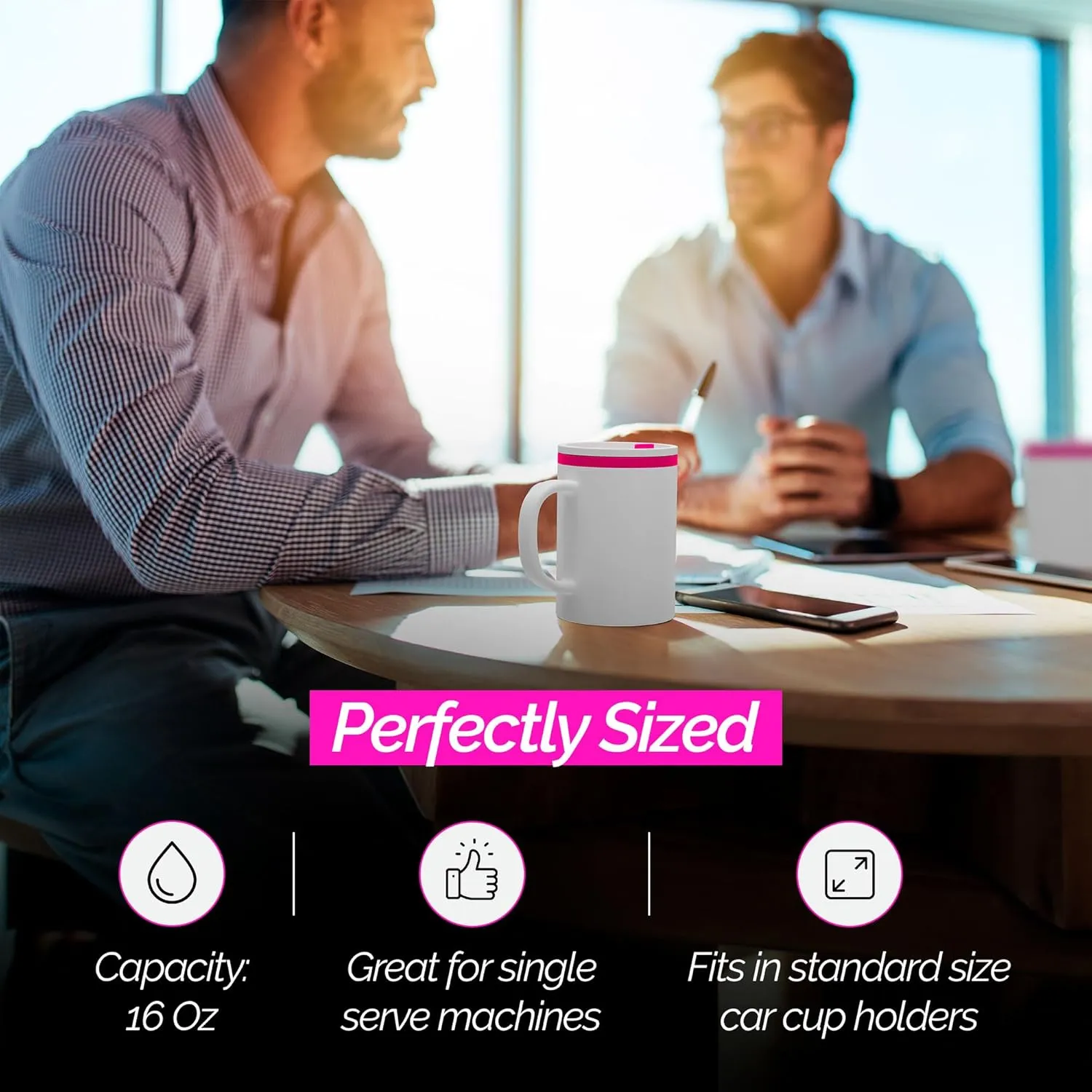 Copco Iconic 16oz Double Wall Insulated Desk Mug with Lid and Handle, Set of 2, BPA-Free Reusable Plastic, Spill-Proof, Microwave & Dishwasher Safe, Wide Mouth, Cup Holder Friendly (Pink)