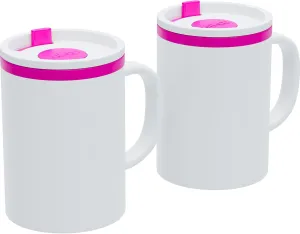 Copco Iconic 16oz Double Wall Insulated Desk Mug with Lid and Handle, Set of 2, BPA-Free Reusable Plastic, Spill-Proof, Microwave & Dishwasher Safe, Wide Mouth, Cup Holder Friendly (Pink)
