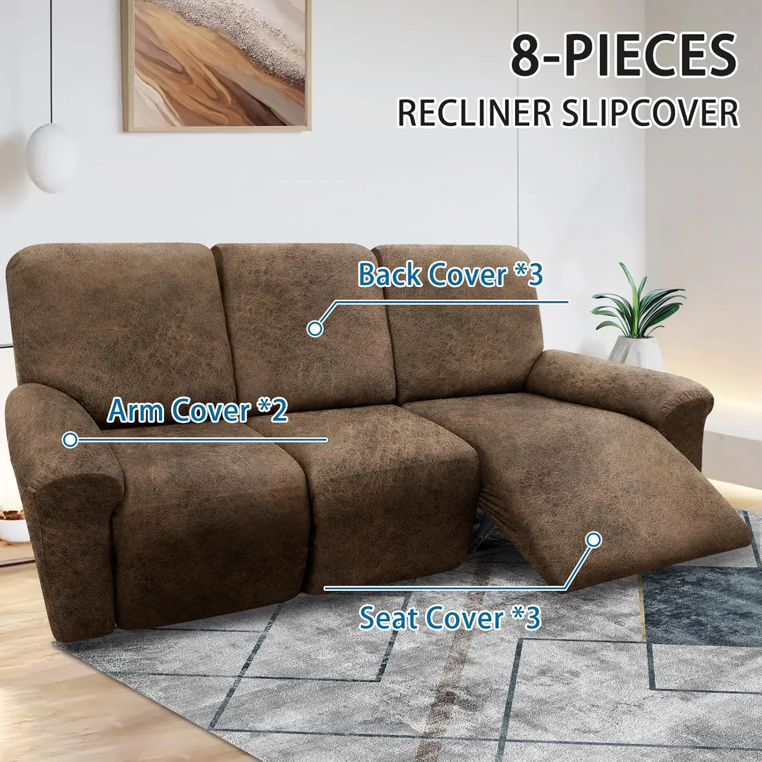 Couch Cover 8-Pieces Sofa Covers Washable Recliner Sofa Covers 3 Seater Leather Look Recliner Slipcovers with Pockets Spandex Fabric Furniture Covers(Recliner Sofa, Light Brown)
