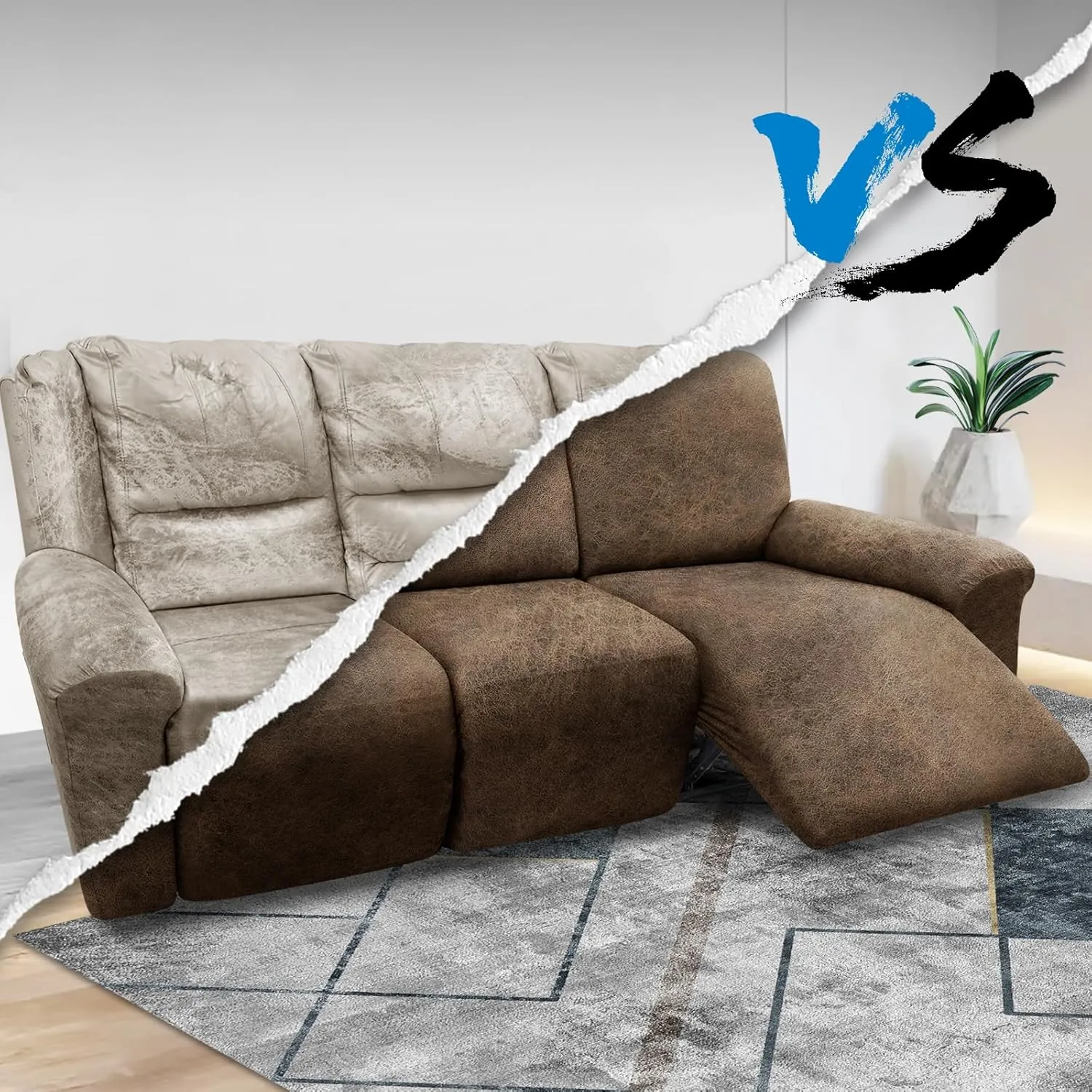 Couch Cover 8-Pieces Sofa Covers Washable Recliner Sofa Covers 3 Seater Leather Look Recliner Slipcovers with Pockets Spandex Fabric Furniture Covers(Recliner Sofa, Light Brown)