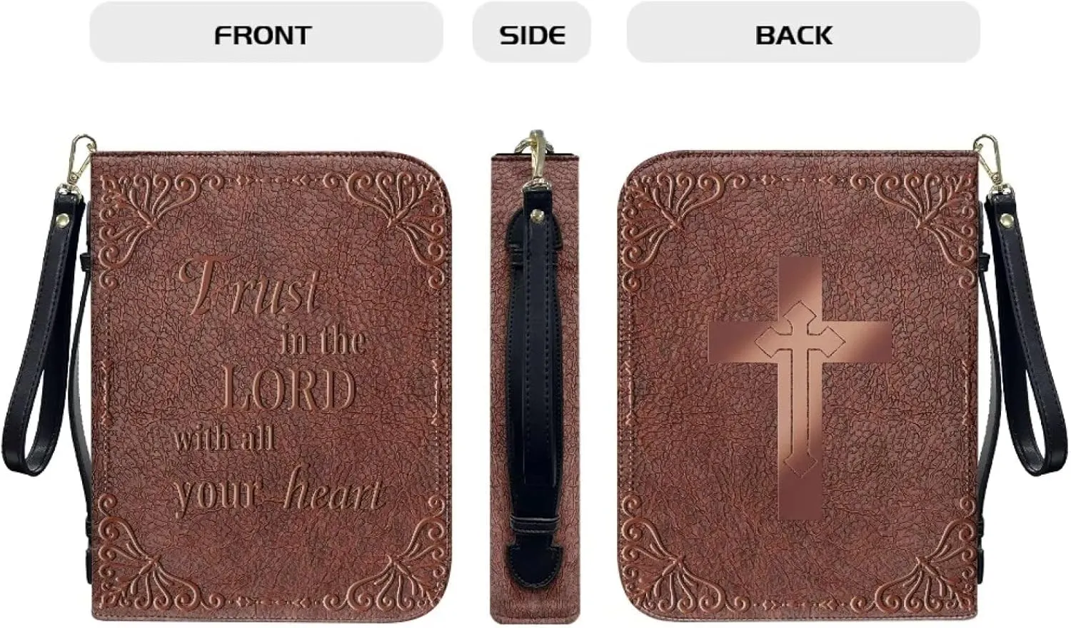 Cowhide Grain Print PU Leather Bible Cover for Women Men Trust in The Lord Bible Protective Carrier with Detachable Wristlet Strap Lightweight Bible Study Tools for Christian Bible Gift, L