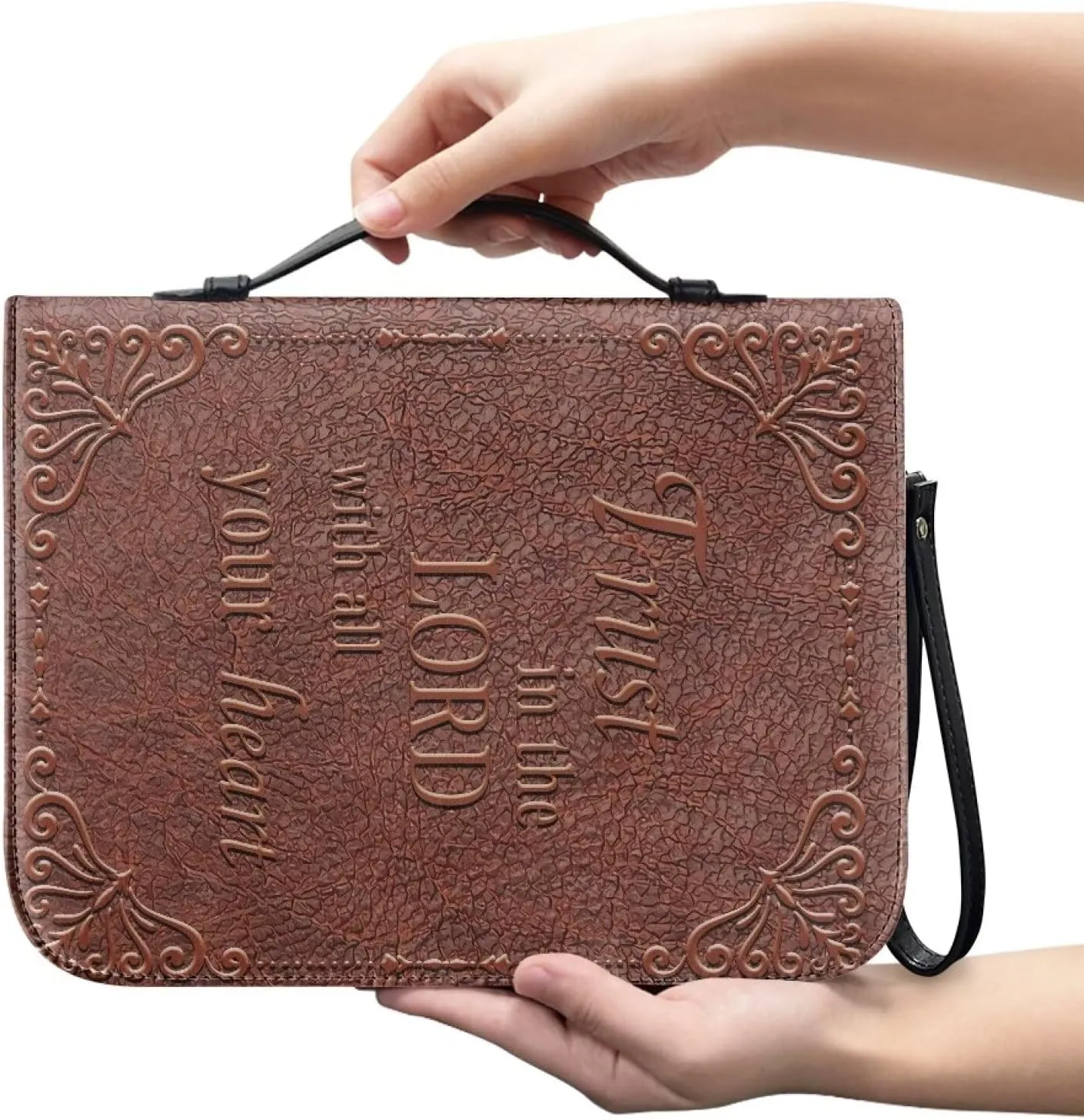 Cowhide Grain Print PU Leather Bible Cover for Women Men Trust in The Lord Bible Protective Carrier with Detachable Wristlet Strap Lightweight Bible Study Tools for Christian Bible Gift, L