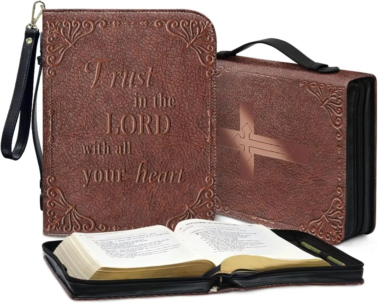 Cowhide Grain Print PU Leather Bible Cover for Women Men Trust in The Lord Bible Protective Carrier with Detachable Wristlet Strap Lightweight Bible Study Tools for Christian Bible Gift, L