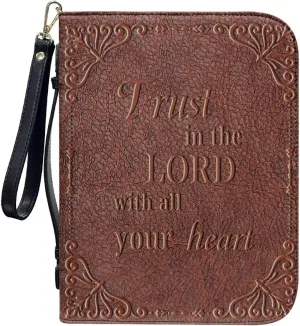 Cowhide Grain Print PU Leather Bible Cover for Women Men Trust in The Lord Bible Protective Carrier with Detachable Wristlet Strap Lightweight Bible Study Tools for Christian Bible Gift, L