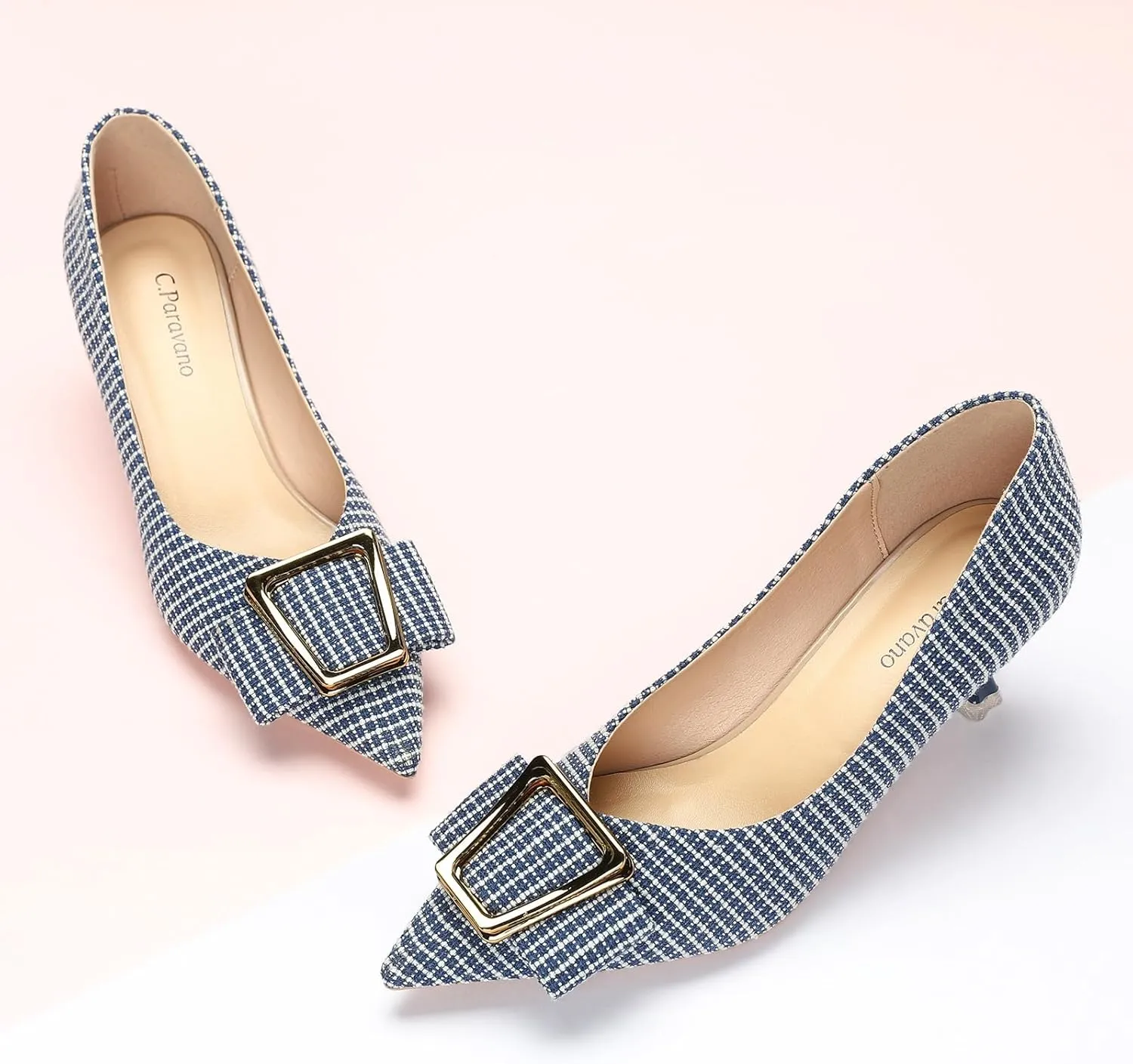 C.Paravano Women's Kitten Heel Pumps-Pointed Toe Wedding Shoes with Metal Buckle|Breathable Soft Leather for Office Attire, Cocktail Parties,Date Nights, Spring/Summer Events