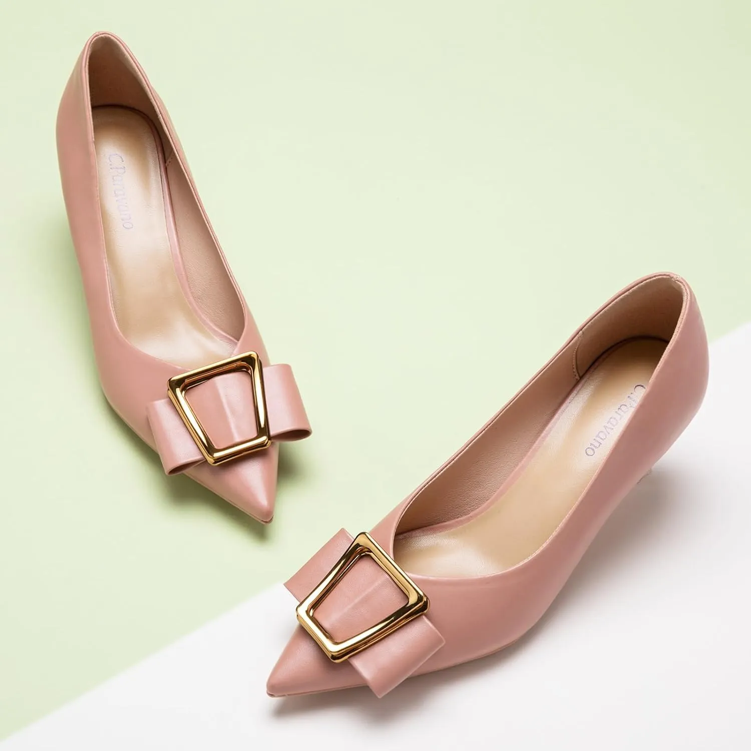 C.Paravano Women's Kitten Heel Pumps-Pointed Toe Wedding Shoes with Metal Buckle|Breathable Soft Leather for Office Attire, Cocktail Parties,Date Nights, Spring/Summer Events