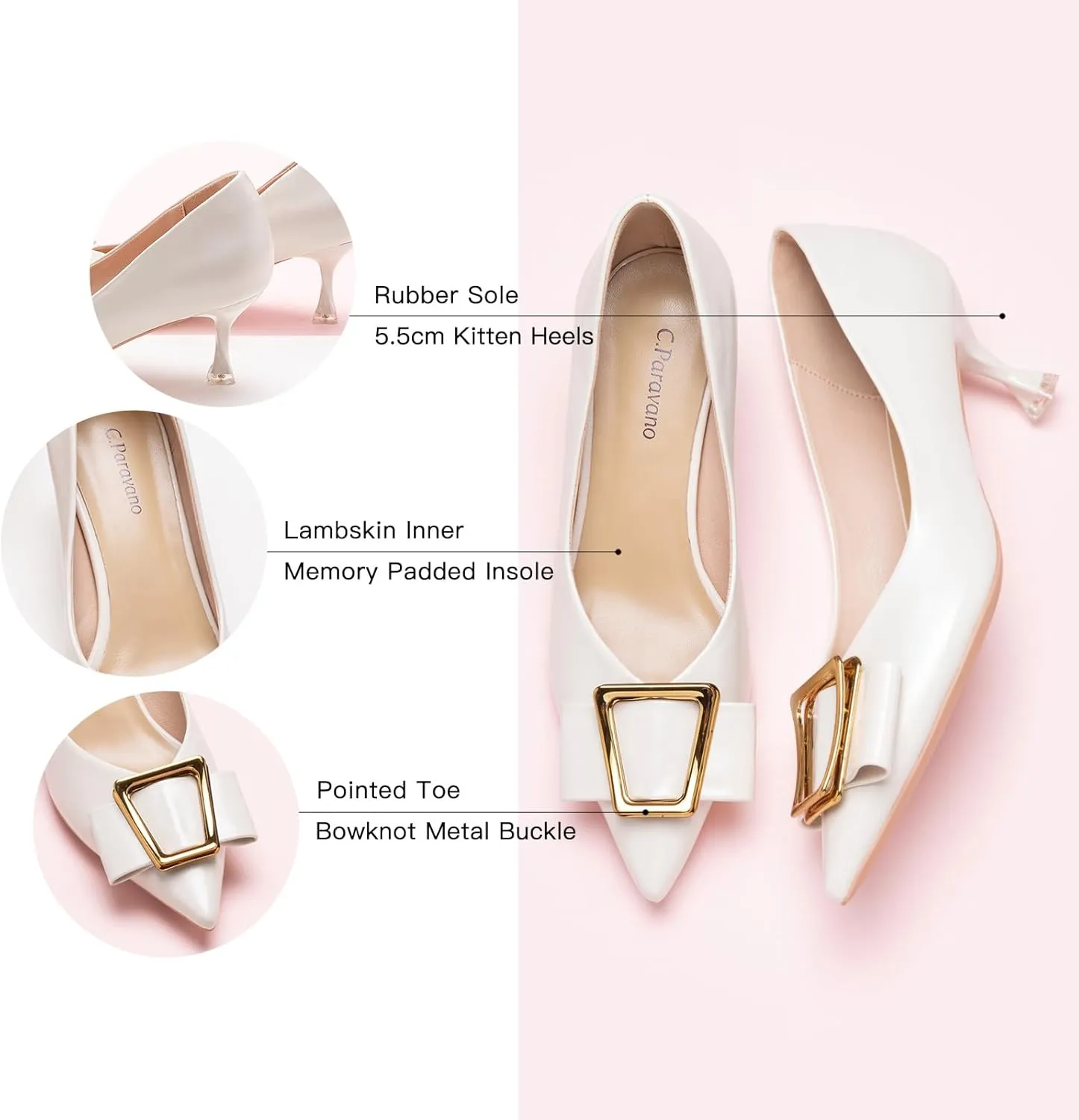 C.Paravano Women's Kitten Heel Pumps-Pointed Toe Wedding Shoes with Metal Buckle|Breathable Soft Leather for Office Attire, Cocktail Parties,Date Nights, Spring/Summer Events