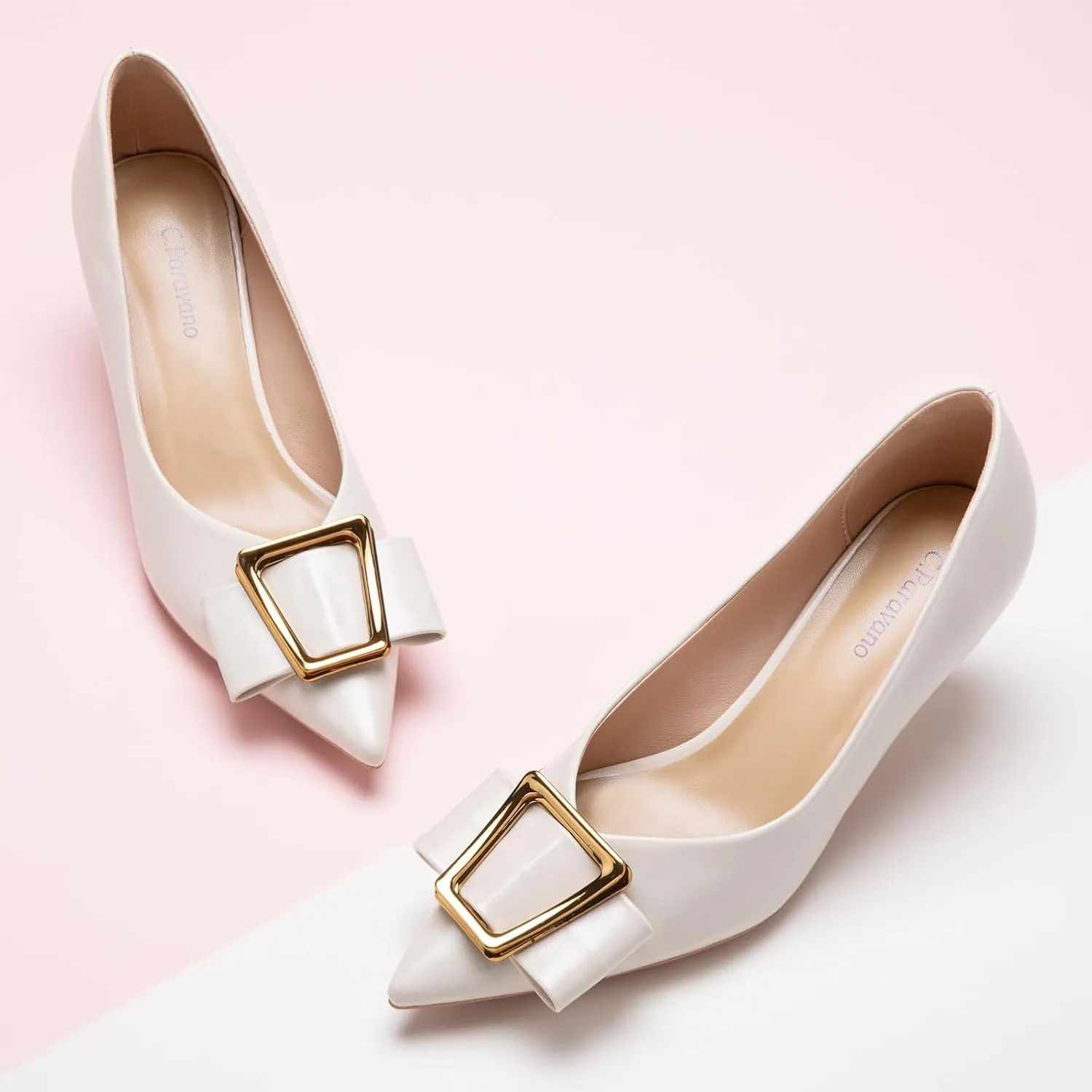 C.Paravano Women's Kitten Heel Pumps-Pointed Toe Wedding Shoes with Metal Buckle|Breathable Soft Leather for Office Attire, Cocktail Parties,Date Nights, Spring/Summer Events