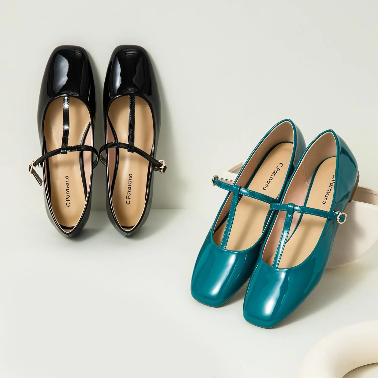 C.Paravano Women's Mary Jane Flats | Comfortable Square Toe Ballet Flats | Mary Jane Shoes with Strap | Casual Dress Flat Shoes for Party Wedding & Work Office，Date Nights