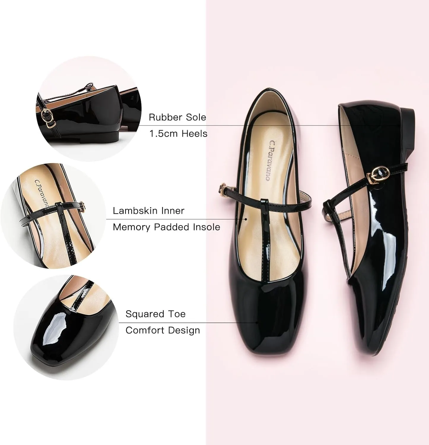 C.Paravano Women's Mary Jane Flats | Comfortable Square Toe Ballet Flats | Mary Jane Shoes with Strap | Casual Dress Flat Shoes for Party Wedding & Work Office，Date Nights