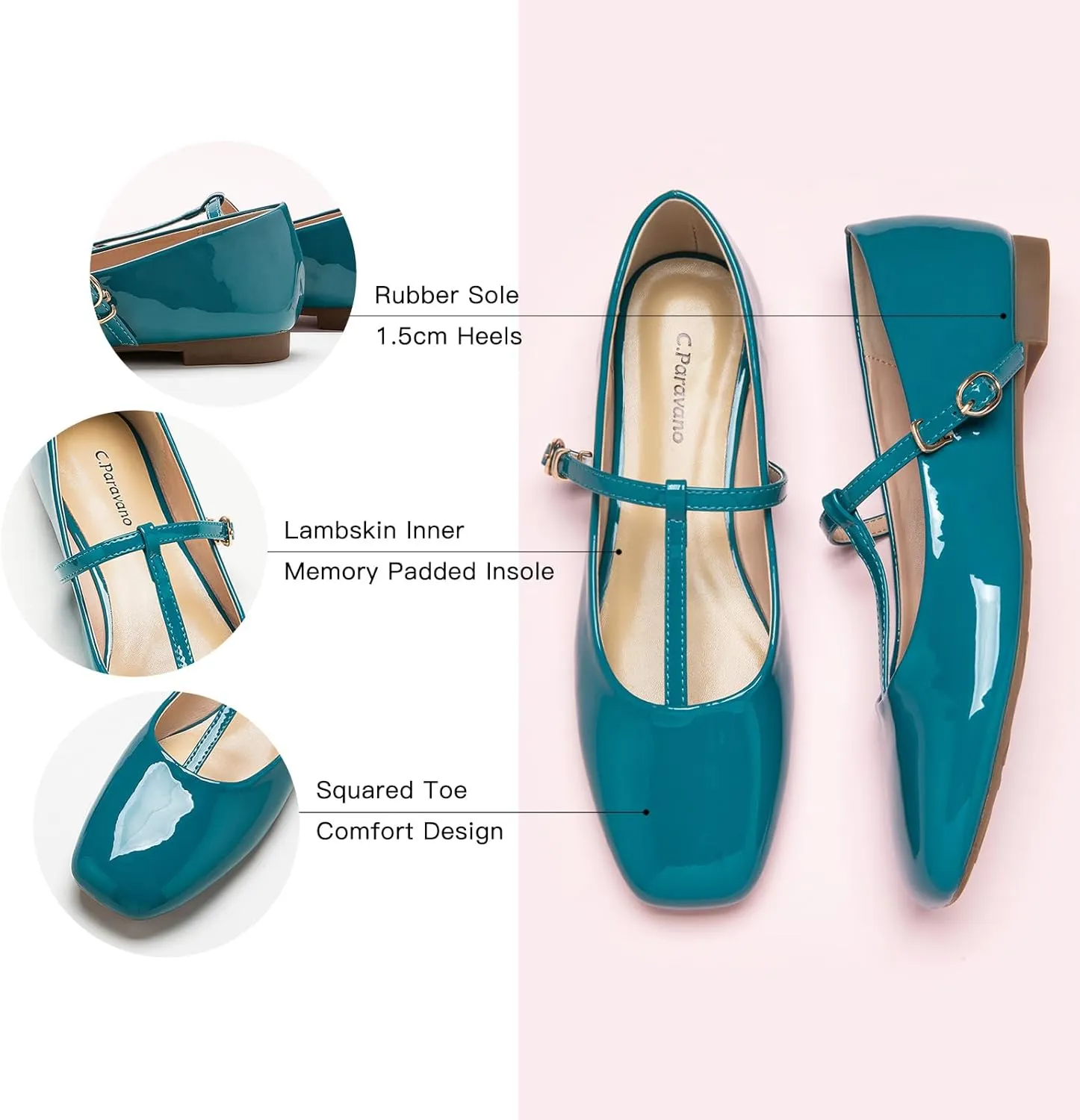 C.Paravano Women's Mary Jane Flats | Comfortable Square Toe Ballet Flats | Mary Jane Shoes with Strap | Casual Dress Flat Shoes for Party Wedding & Work Office，Date Nights