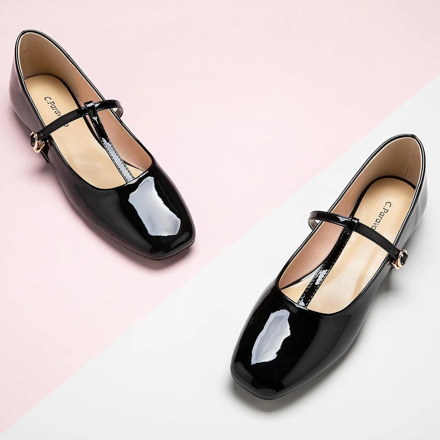 C.Paravano Women's Mary Jane Flats | Comfortable Square Toe Ballet Flats | Mary Jane Shoes with Strap | Casual Dress Flat Shoes for Party Wedding & Work Office，Date Nights
