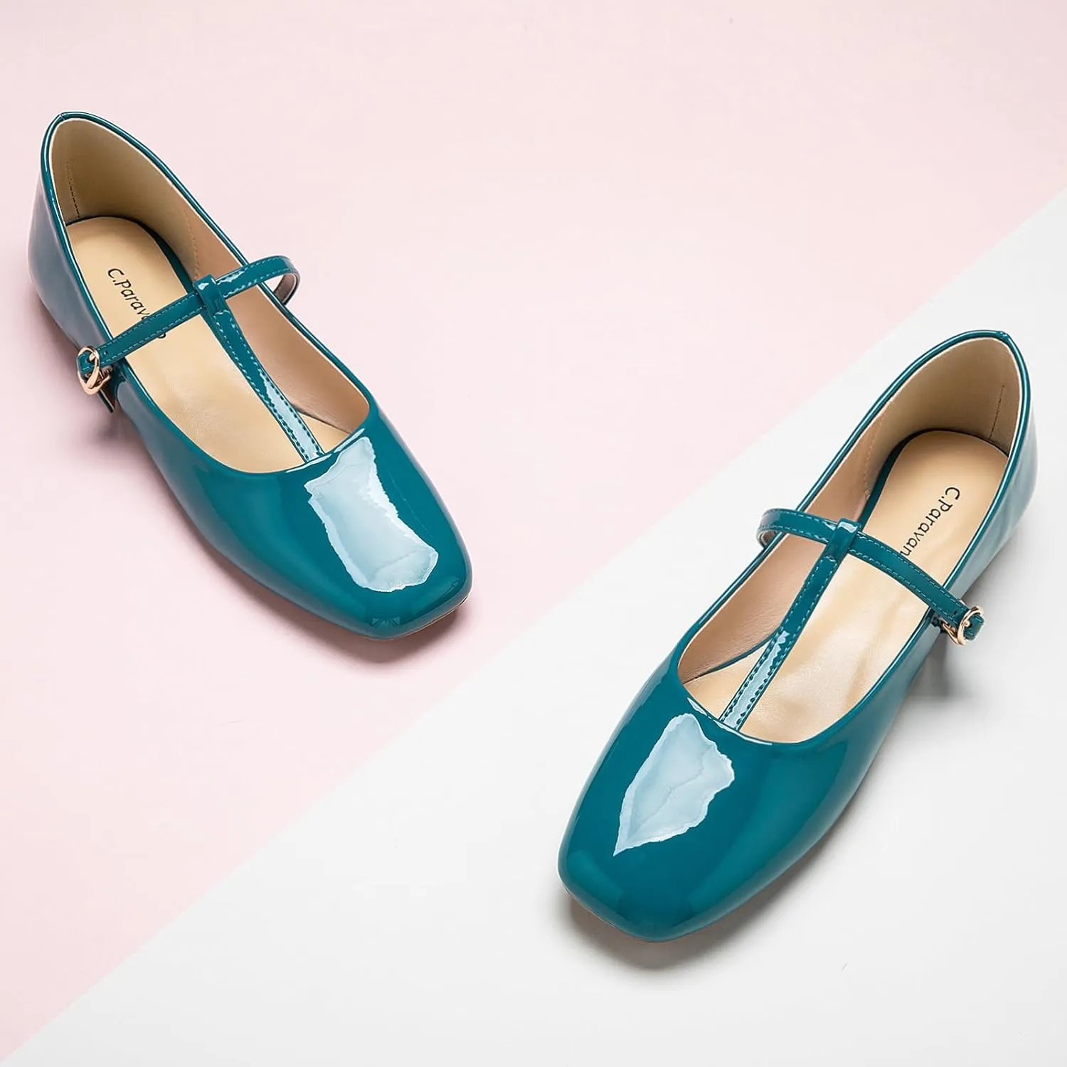 C.Paravano Women's Mary Jane Flats | Comfortable Square Toe Ballet Flats | Mary Jane Shoes with Strap | Casual Dress Flat Shoes for Party Wedding & Work Office，Date Nights