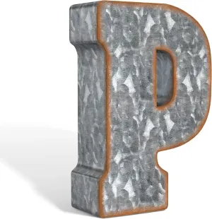 CraftyCrocodile 7" Galvanized Metal Letters for Wall Decor - 3D Letter P for Hanging & Free Standing - Decorative Rustic Alphabet Letters for the Living Room, Bedroom, Kitchen