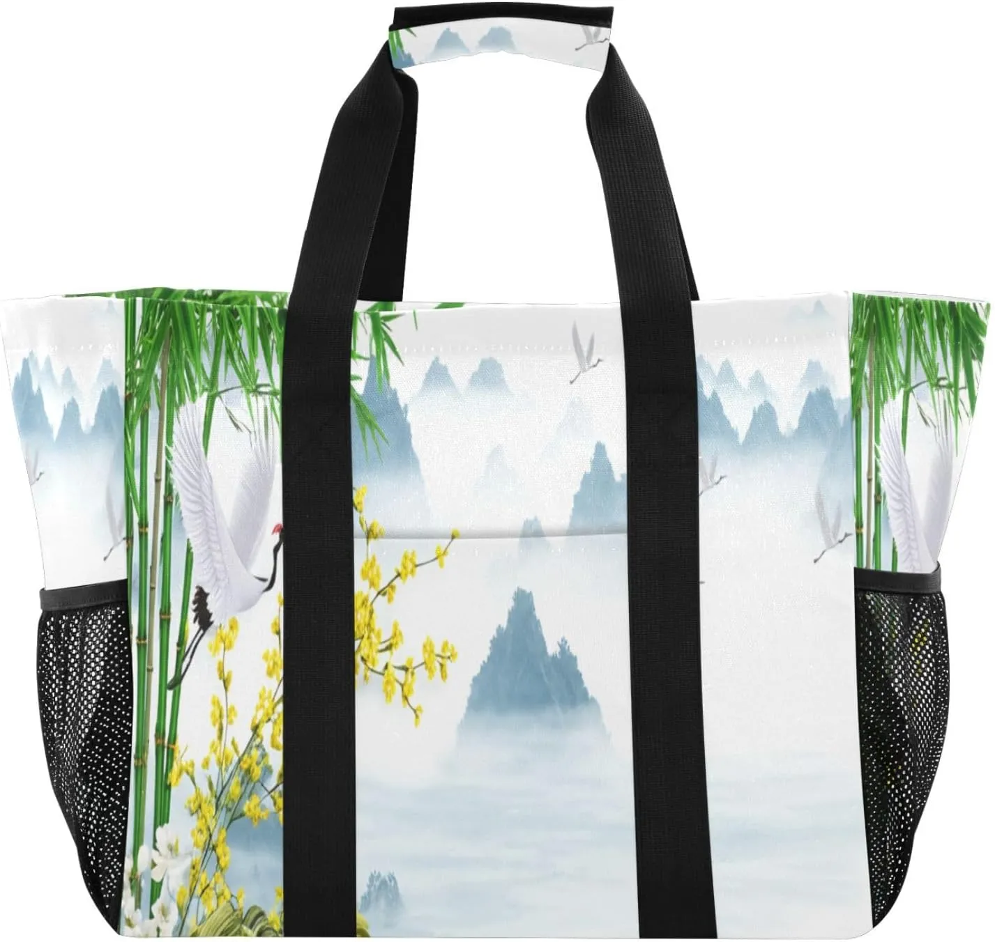Cranes with Bamboo Reusable Grocery Bags Large Tote Bag Waterproof Canvas Organizer for Beach Picnic Laundry Travel