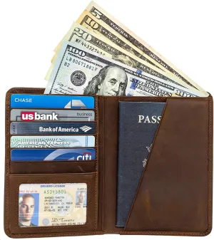 Crazy Horse Genuine Cow Leather Passport Holder Travel Wallet Card Holder - RFID Blocking Bifold Wallet for Men and Women