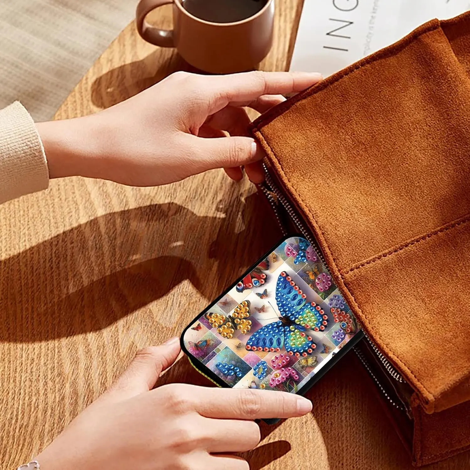 Credit Card Coin Holder, DIY Diamond Art Painting Leather Zipper Card Case Wallet for Women-Butterfly