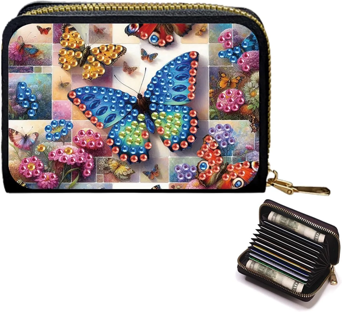 Credit Card Coin Holder, DIY Diamond Art Painting Leather Zipper Card Case Wallet for Women-Butterfly