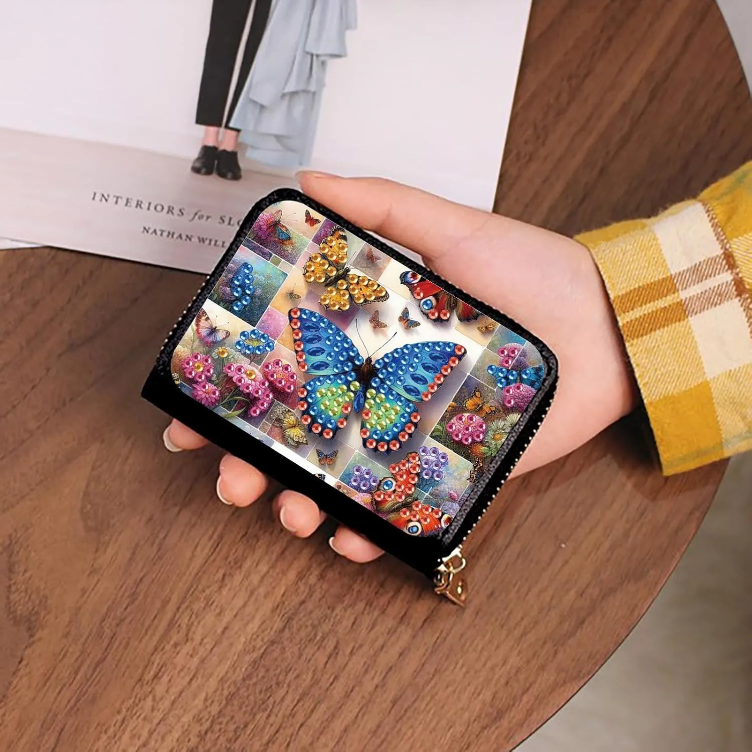 Credit Card Coin Holder, DIY Diamond Art Painting Leather Zipper Card Case Wallet for Women-Butterfly