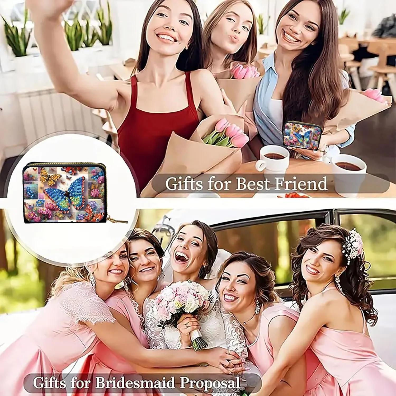 Credit Card Coin Holder, DIY Diamond Art Painting Leather Zipper Card Case Wallet for Women-Butterfly