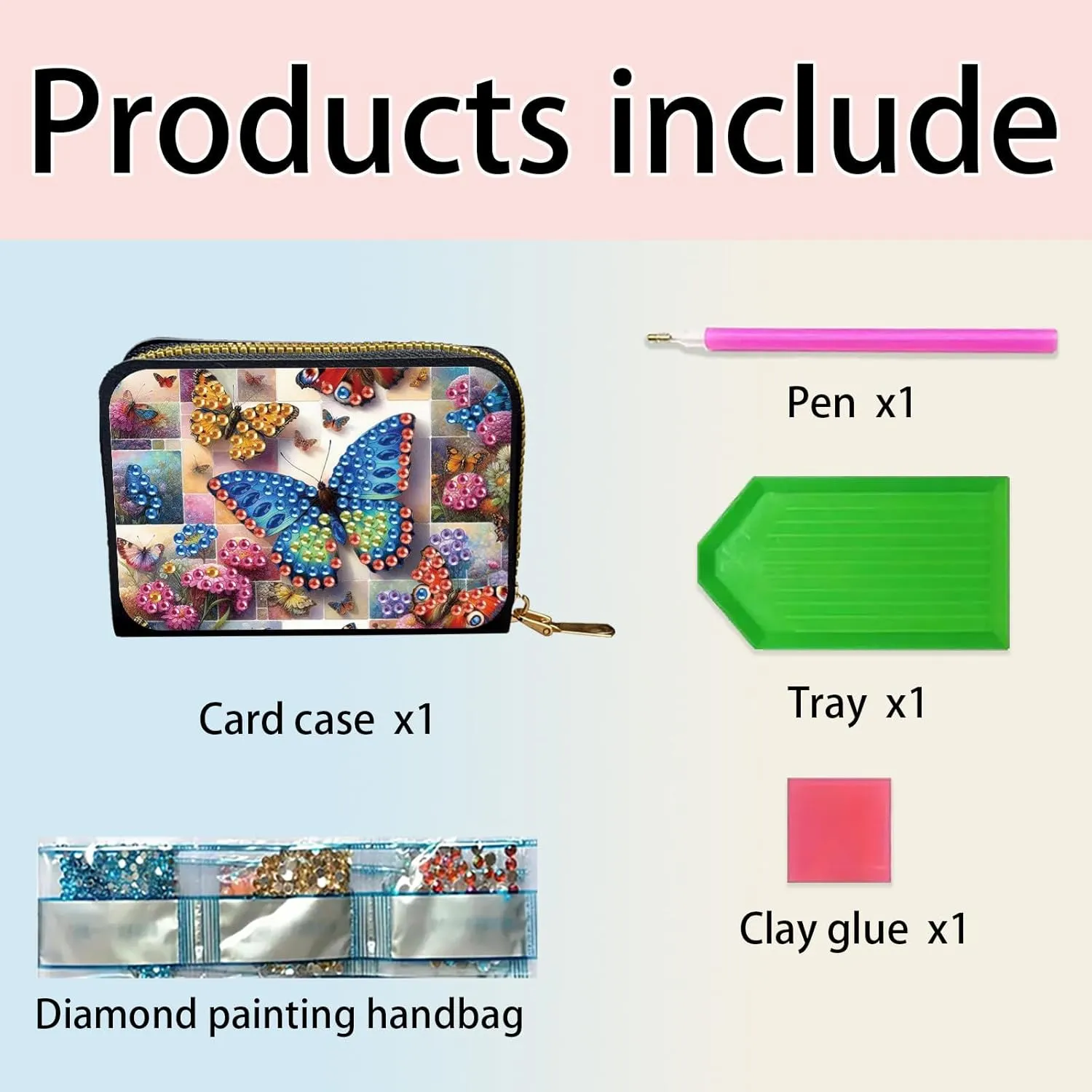 Credit Card Coin Holder, DIY Diamond Art Painting Leather Zipper Card Case Wallet for Women-Butterfly