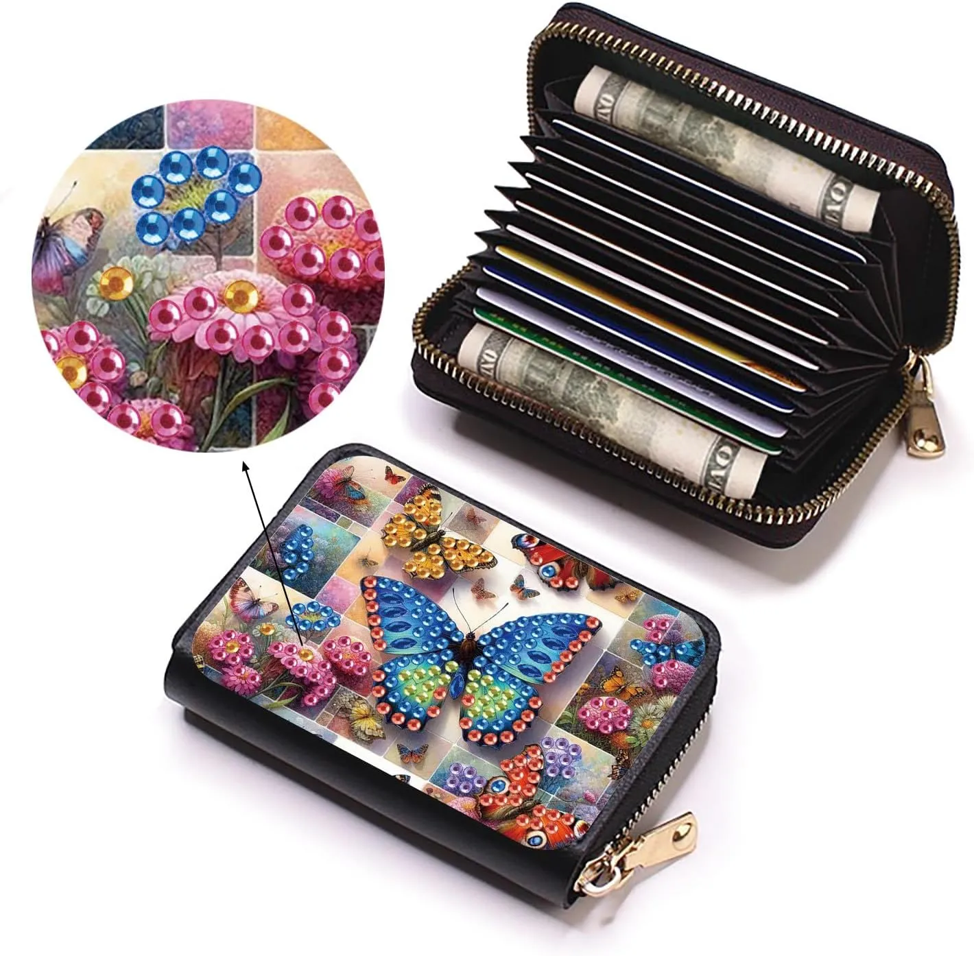 Credit Card Coin Holder, DIY Diamond Art Painting Leather Zipper Card Case Wallet for Women-Butterfly