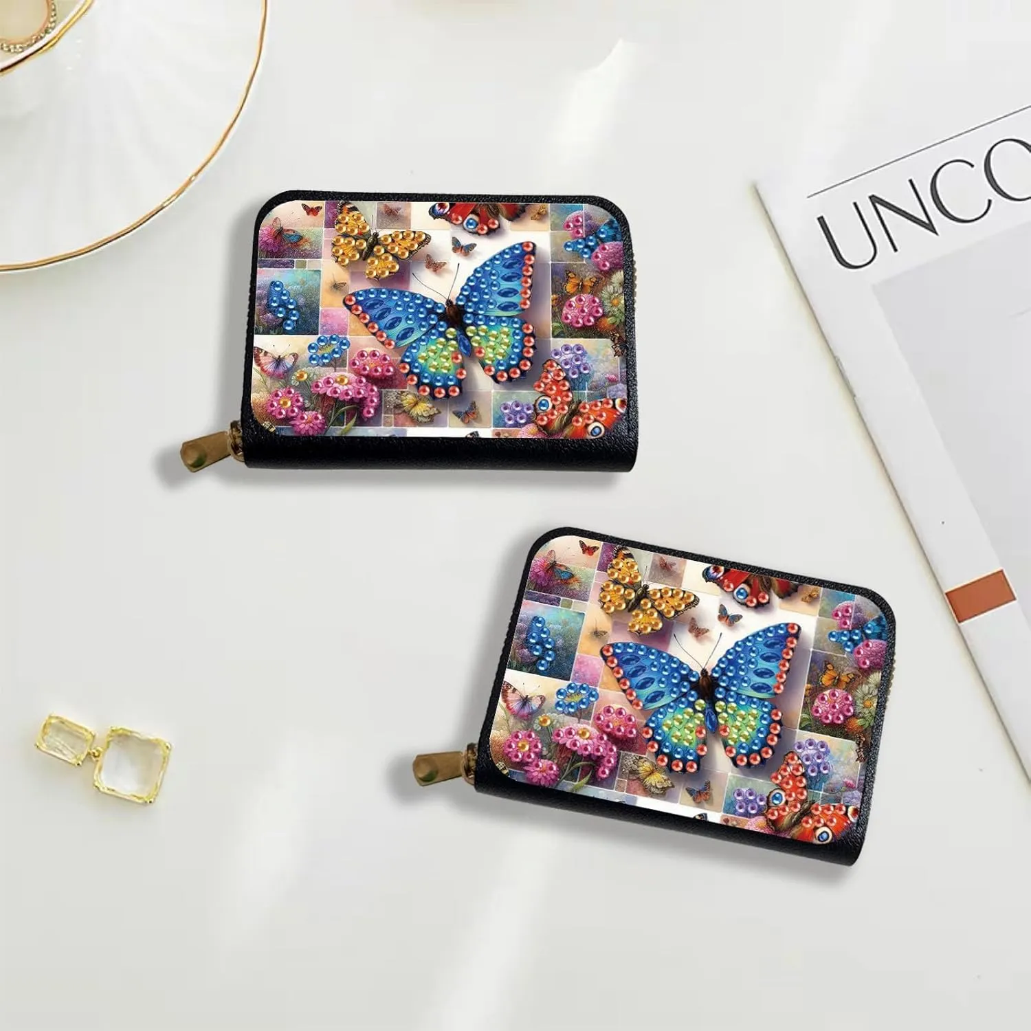 Credit Card Coin Holder, DIY Diamond Art Painting Leather Zipper Card Case Wallet for Women-Butterfly