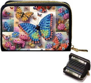 Credit Card Coin Holder, DIY Diamond Art Painting Leather Zipper Card Case Wallet for Women-Butterfly