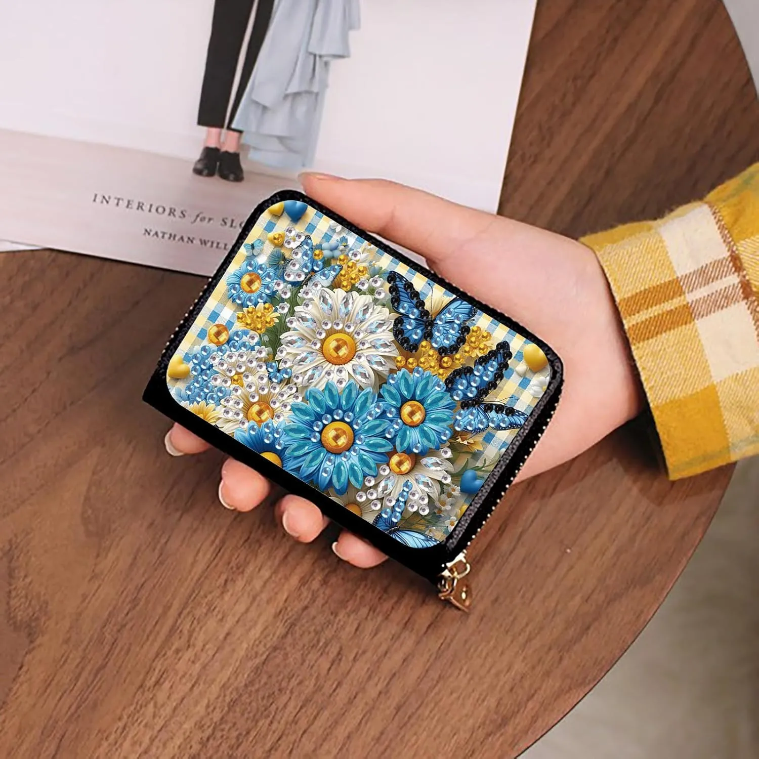 Credit Card Coin Holder, DIY Diamond Art Painting Leather Zipper Card Case Wallet for Women-Flower Butterfly