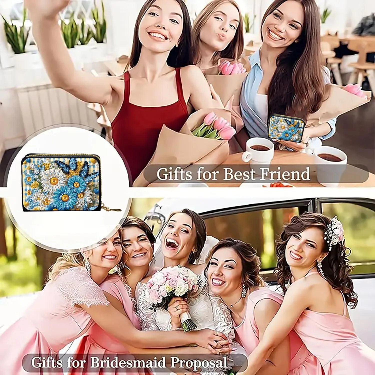 Credit Card Coin Holder, DIY Diamond Art Painting Leather Zipper Card Case Wallet for Women-Flower Butterfly