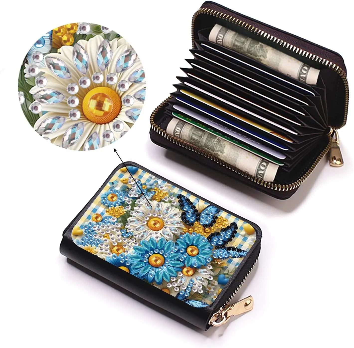 Credit Card Coin Holder, DIY Diamond Art Painting Leather Zipper Card Case Wallet for Women-Flower Butterfly