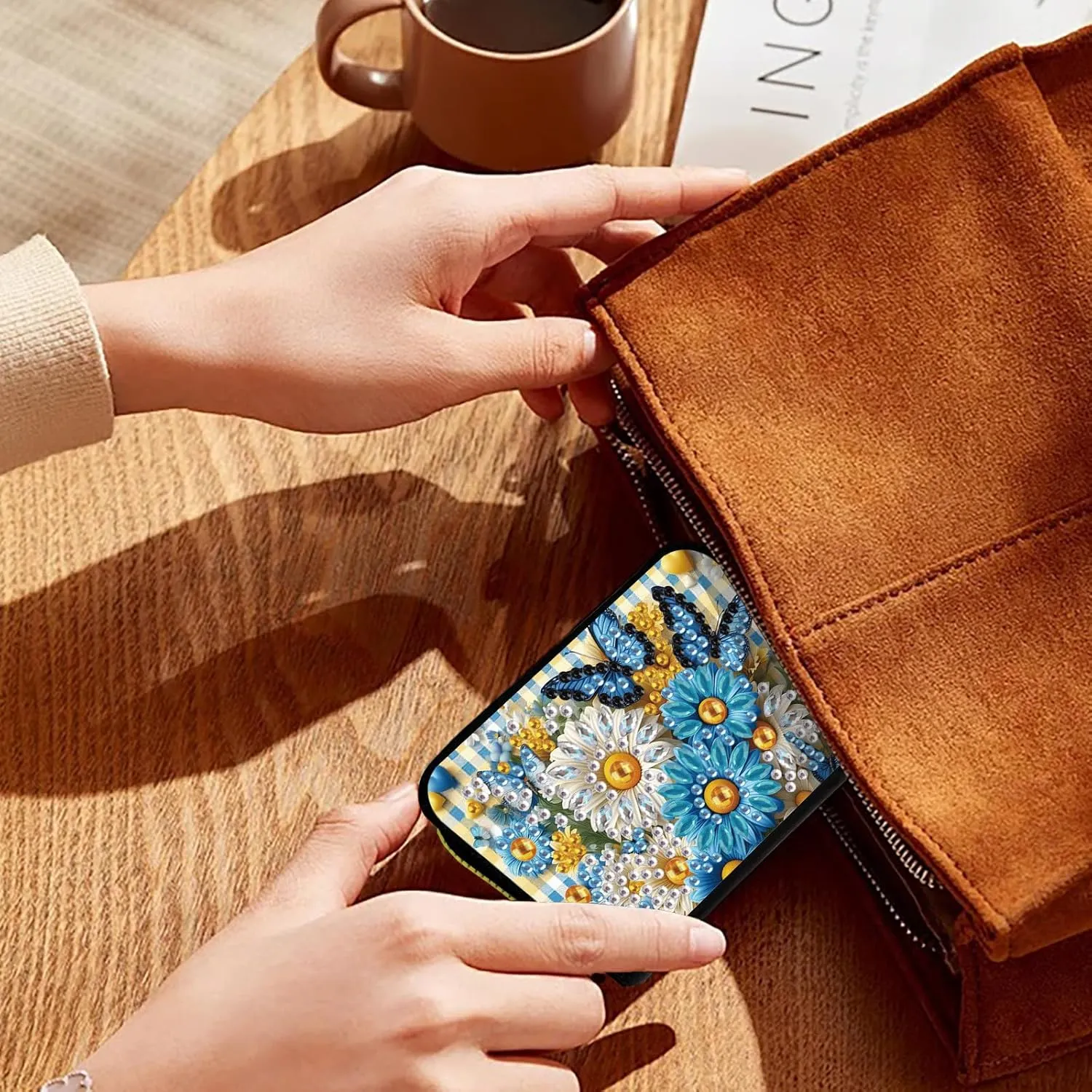 Credit Card Coin Holder, DIY Diamond Art Painting Leather Zipper Card Case Wallet for Women-Flower Butterfly