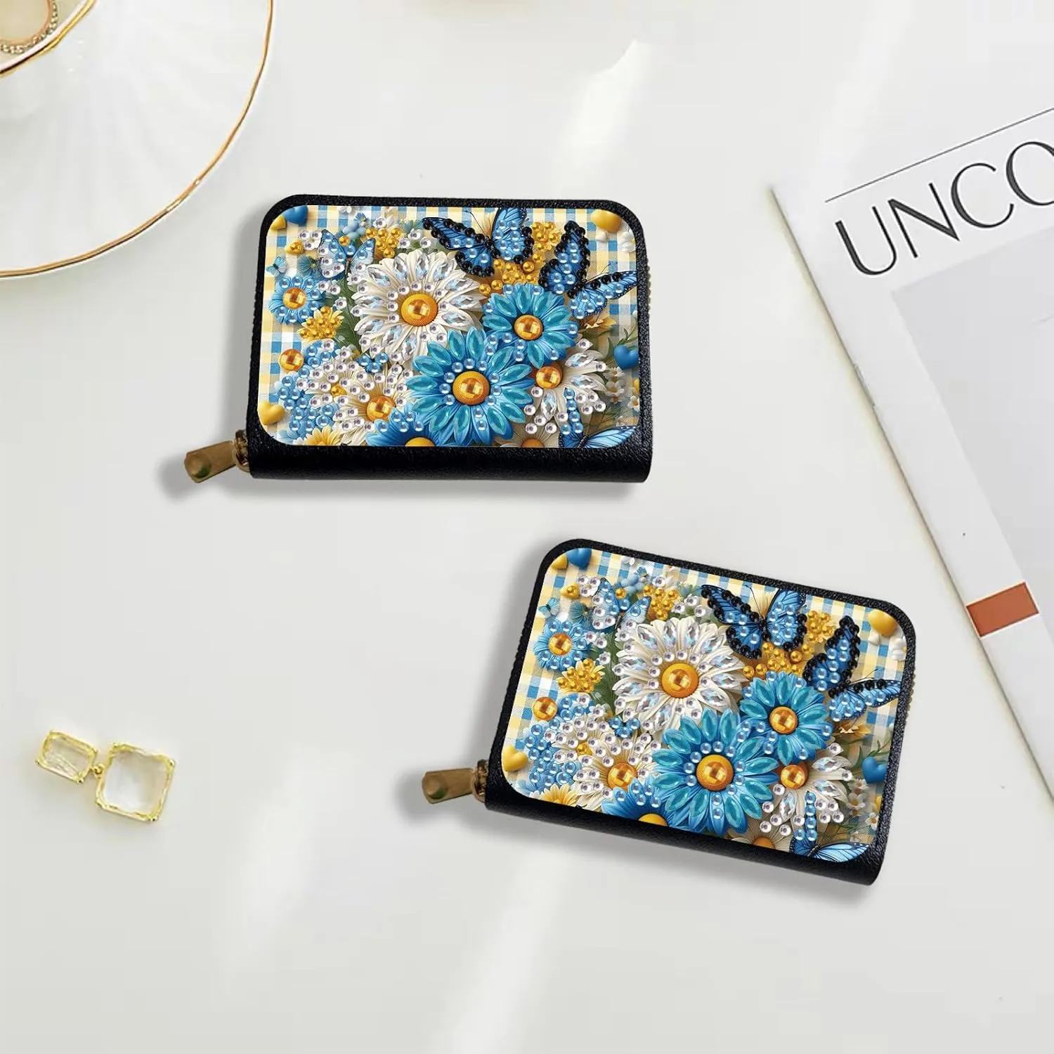 Credit Card Coin Holder, DIY Diamond Art Painting Leather Zipper Card Case Wallet for Women-Flower Butterfly