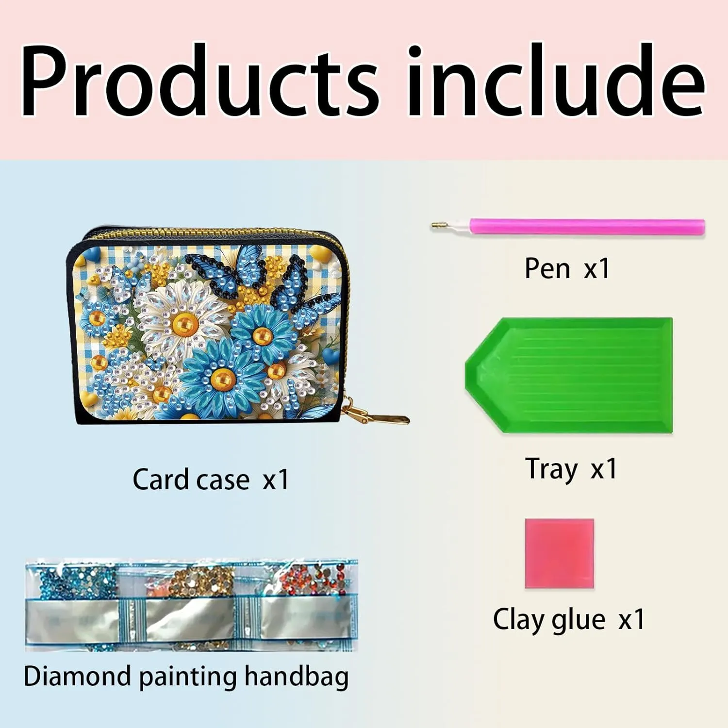 Credit Card Coin Holder, DIY Diamond Art Painting Leather Zipper Card Case Wallet for Women-Flower Butterfly