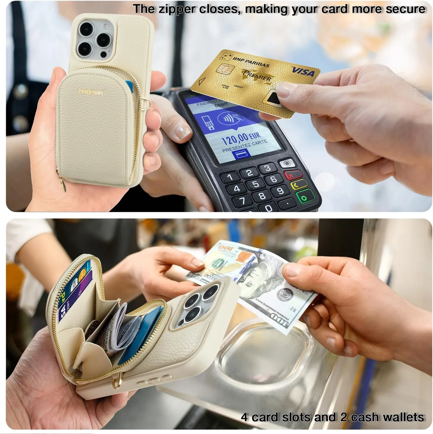 Crossbody Wallet Case for iPhone 13, RFID Blocking PU Leather Zipper Handbag Purse Cover - Suitable for iPhone 13 Pro Max, Leather Wallet Case for Woman & Girls - Beige