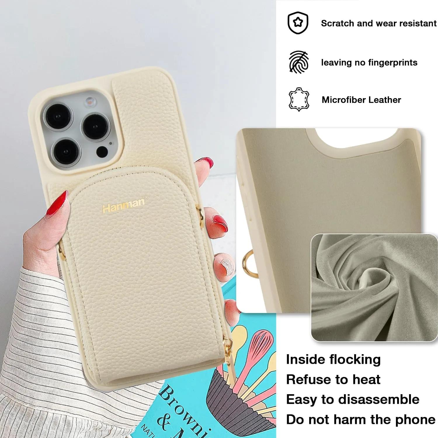 Crossbody Wallet Case for iPhone 13, RFID Blocking PU Leather Zipper Handbag Purse Cover - Suitable for iPhone 13 Pro Max, Leather Wallet Case for Woman & Girls - Beige