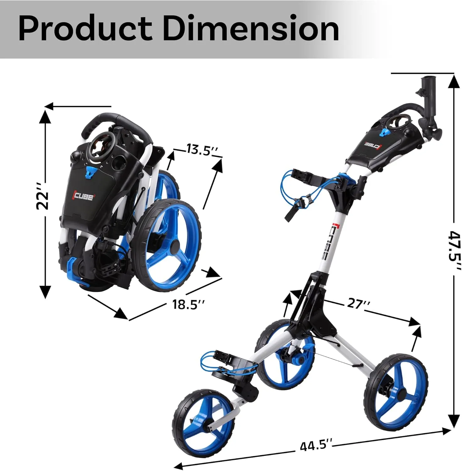 CUBE CART 3 Wheel Push Pull Golf CART - Two Step Open/Close - Smallest Folding Lightweight Golf CART in The World - Choose Color!
