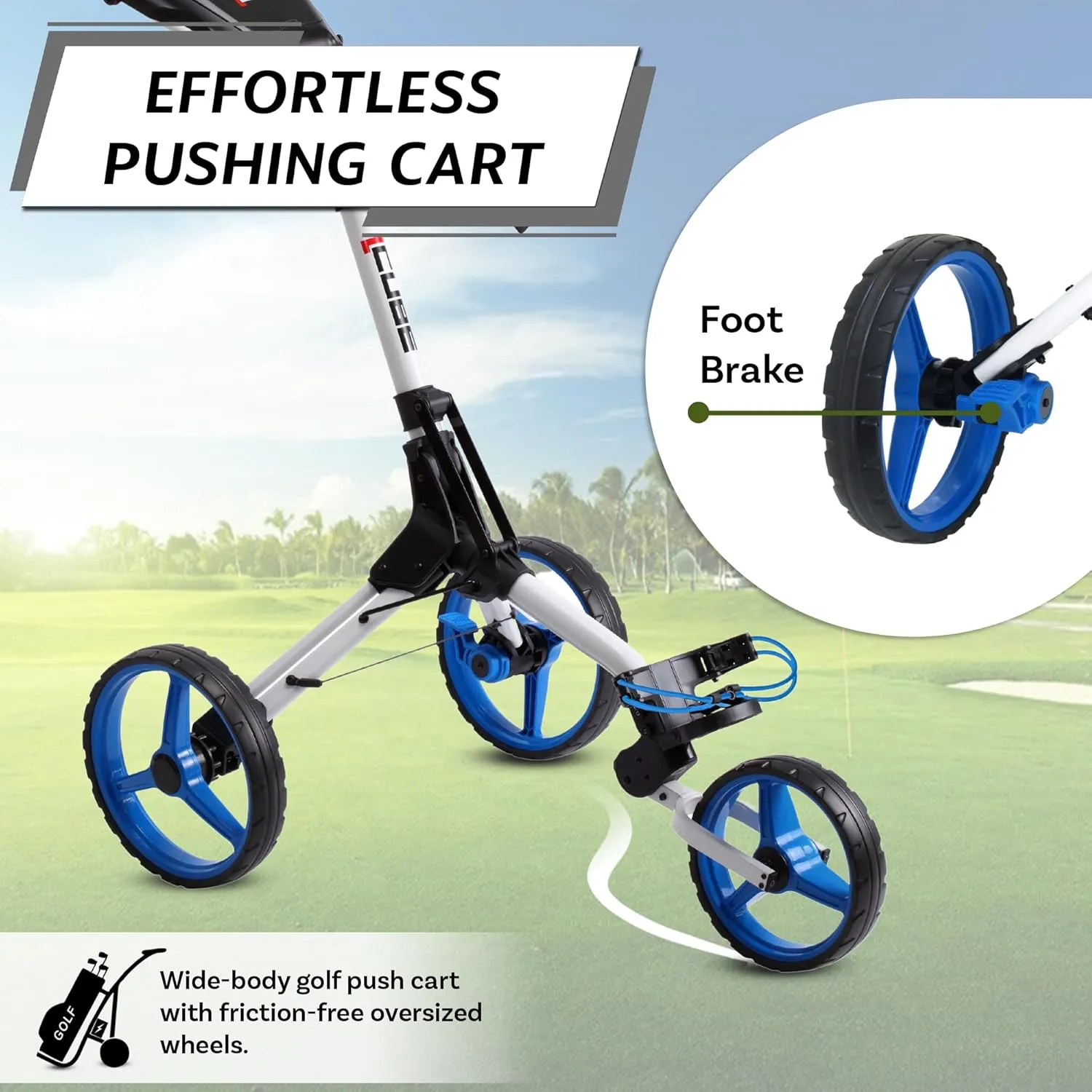 CUBE CART 3 Wheel Push Pull Golf CART - Two Step Open/Close - Smallest Folding Lightweight Golf CART in The World - Choose Color!