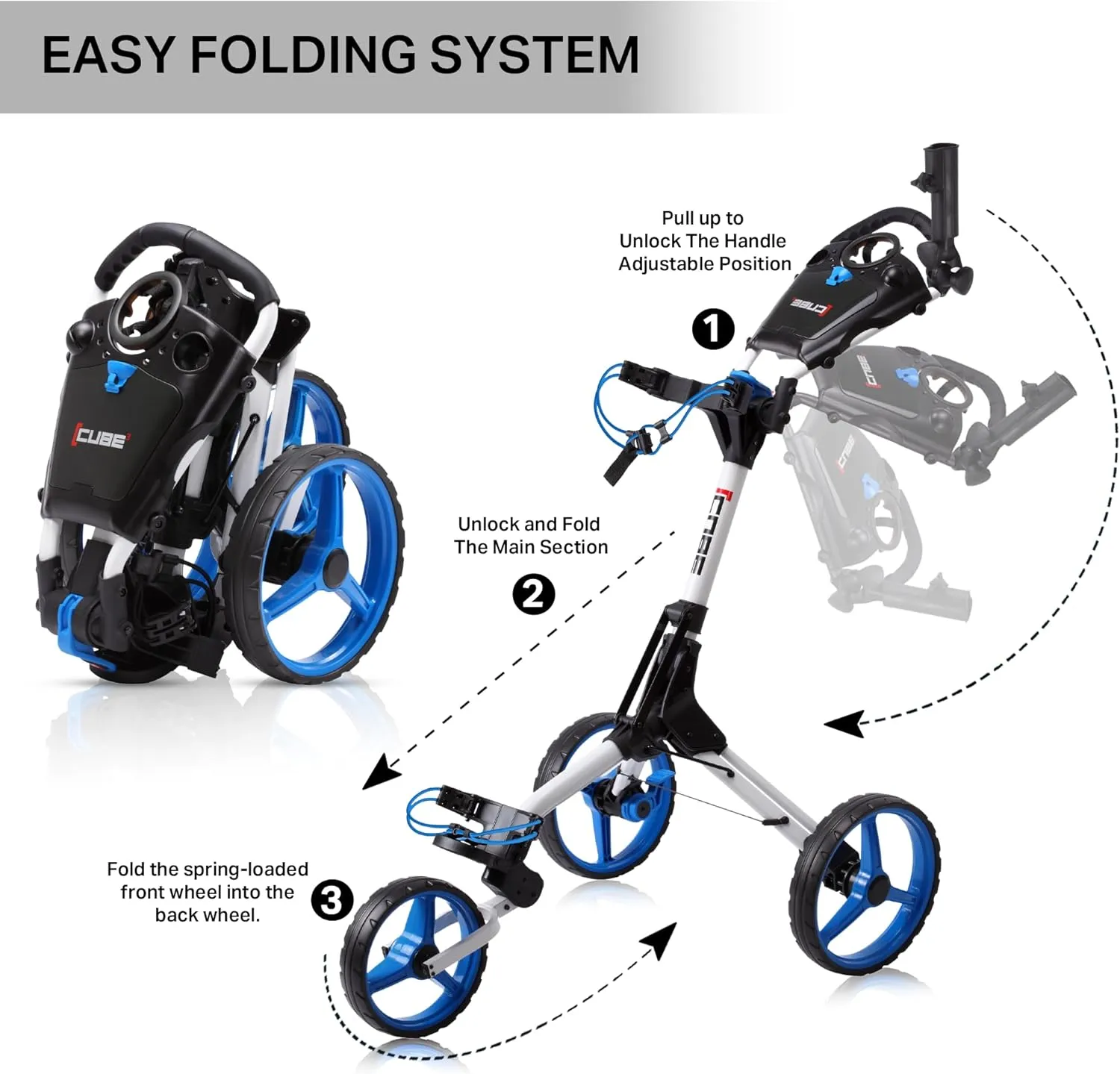 CUBE CART 3 Wheel Push Pull Golf CART - Two Step Open/Close - Smallest Folding Lightweight Golf CART in The World - Choose Color!